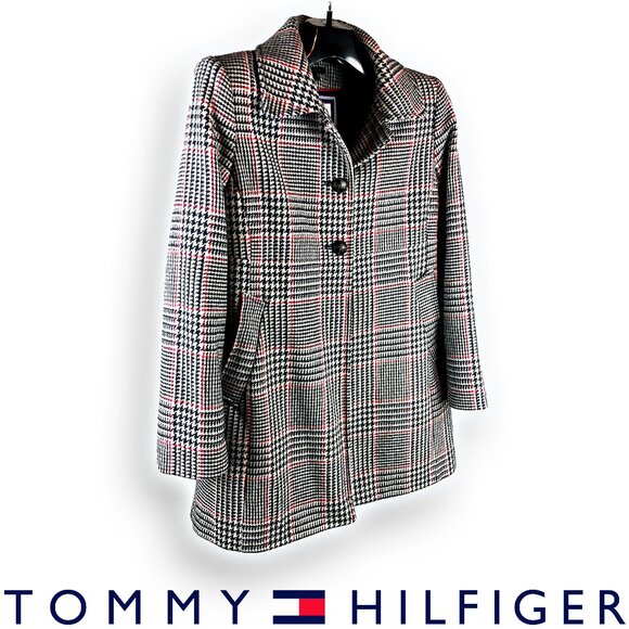 Tommy Hilfiger American Classics Wool 60% -Blend Houndstooth 3/4 Length Coat - Picture 1 of 8